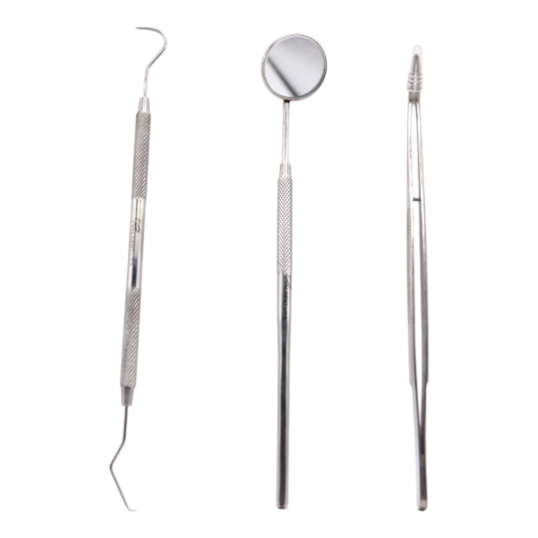 ValdentUSA BASIC 3 Piece Examination set includes 1 oral mirror, 1 probe, and 1 cotton. High carbon stainless steel autoclavable up to 136 degree C /275 degree F.