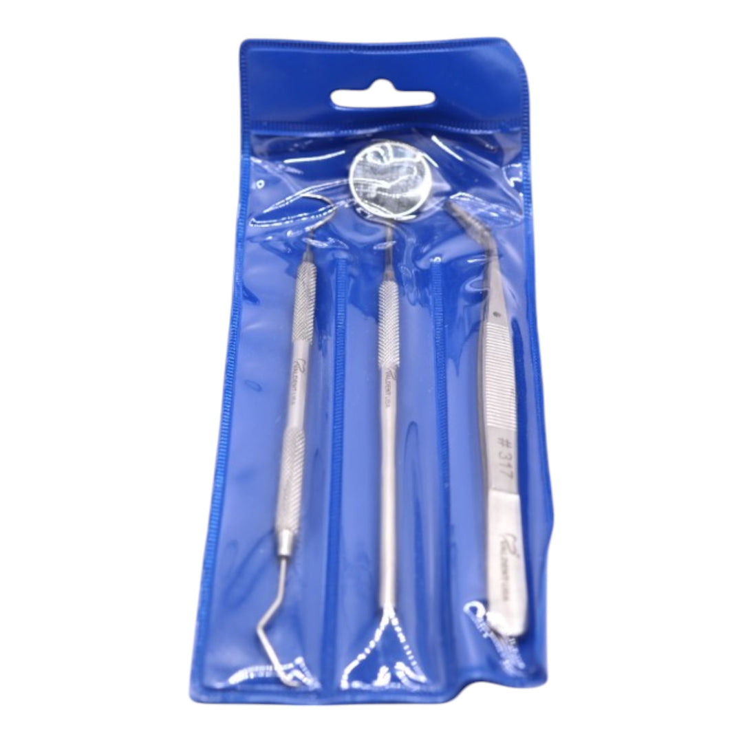 ValdentUSA BASIC 3 Piece Examination set includes 1 oral mirror, 1 probe, and 1 cotton. High carbon stainless steel autoclavable up to 136 degree C /275 degree F.