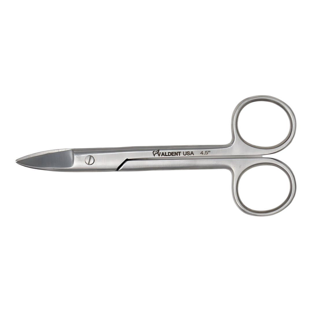 ValdentUSA 4.5" Curved Crown Scissors with smooth Blades.  High carbon stainless steel autoclavable up to 136 degree C /275 degree F.