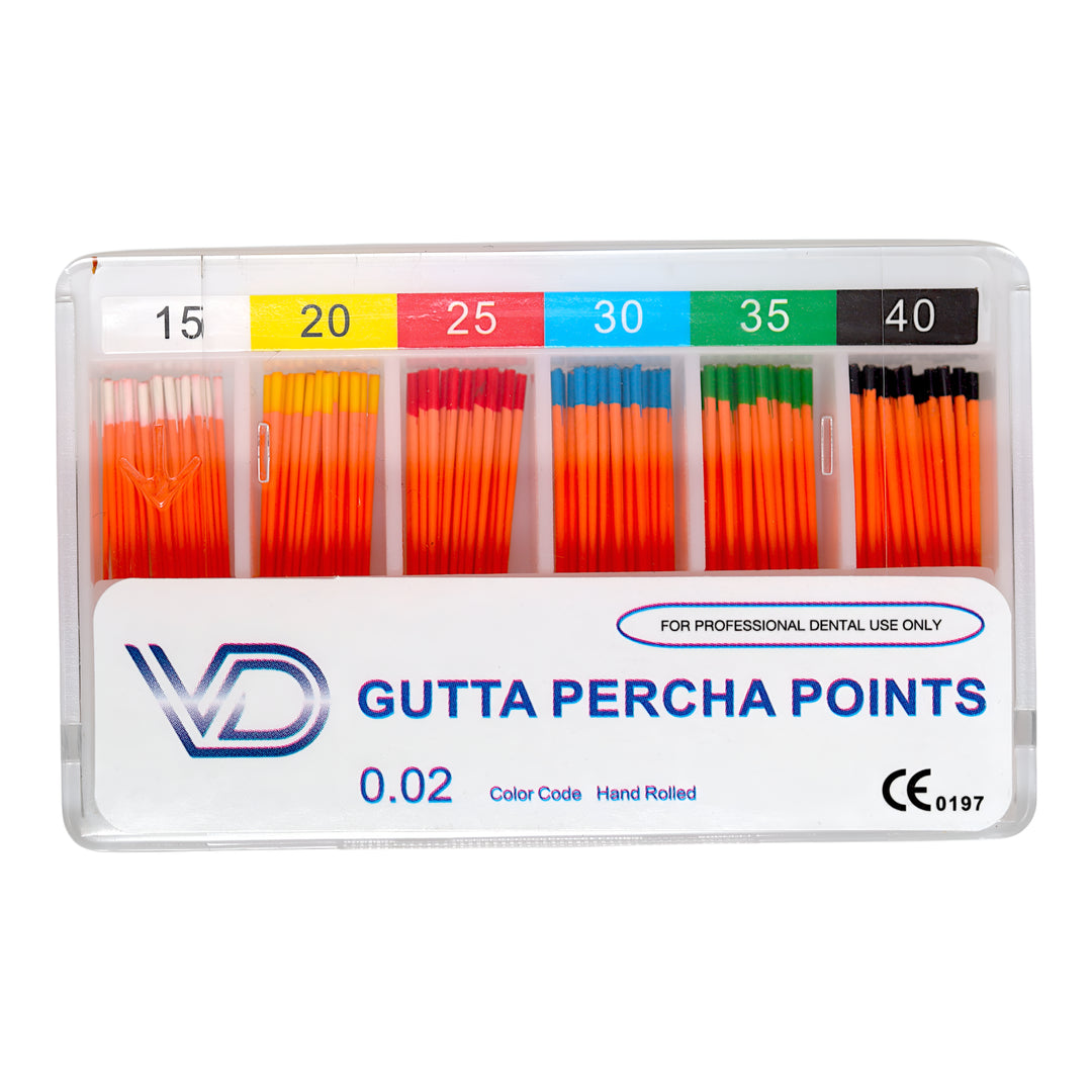 ValdentUSA Gutta Percha Points - Assorted #15,20,25,30,35,40 Taper size 0.02, Color Coded, 60 per pack