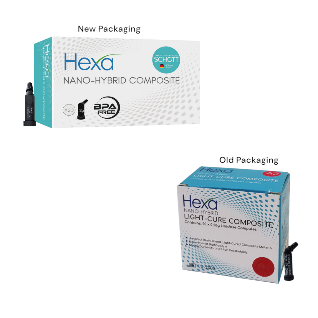 Hexa Nano-Hybrid Light-Cure Composite 20 x 0.28 Gm Unidose Compules, Universal Resin-Based Composite