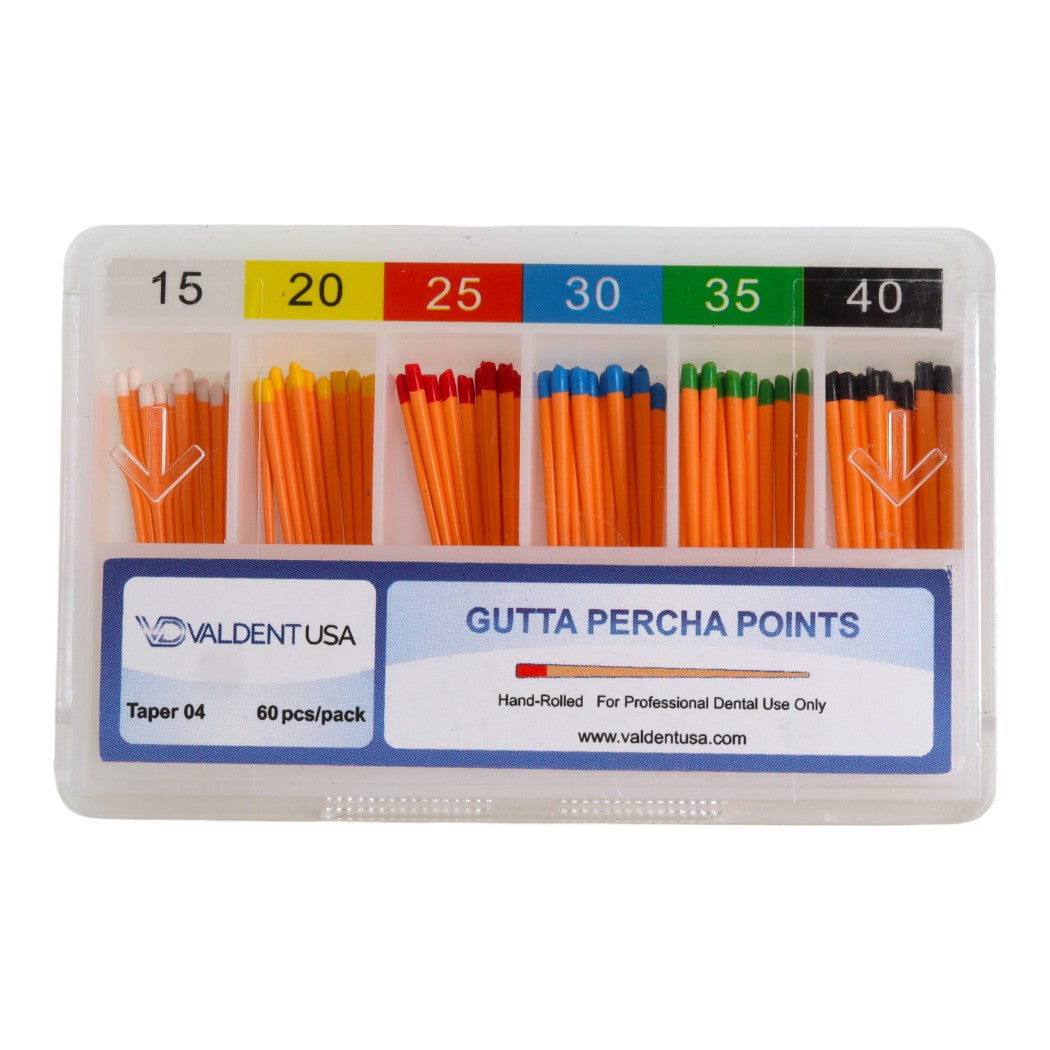 ValdentUSA Gutta Percha Points - Assorted #15,20,25,30,35,40 Taper size 0.04, Color Coded, 60 per pack