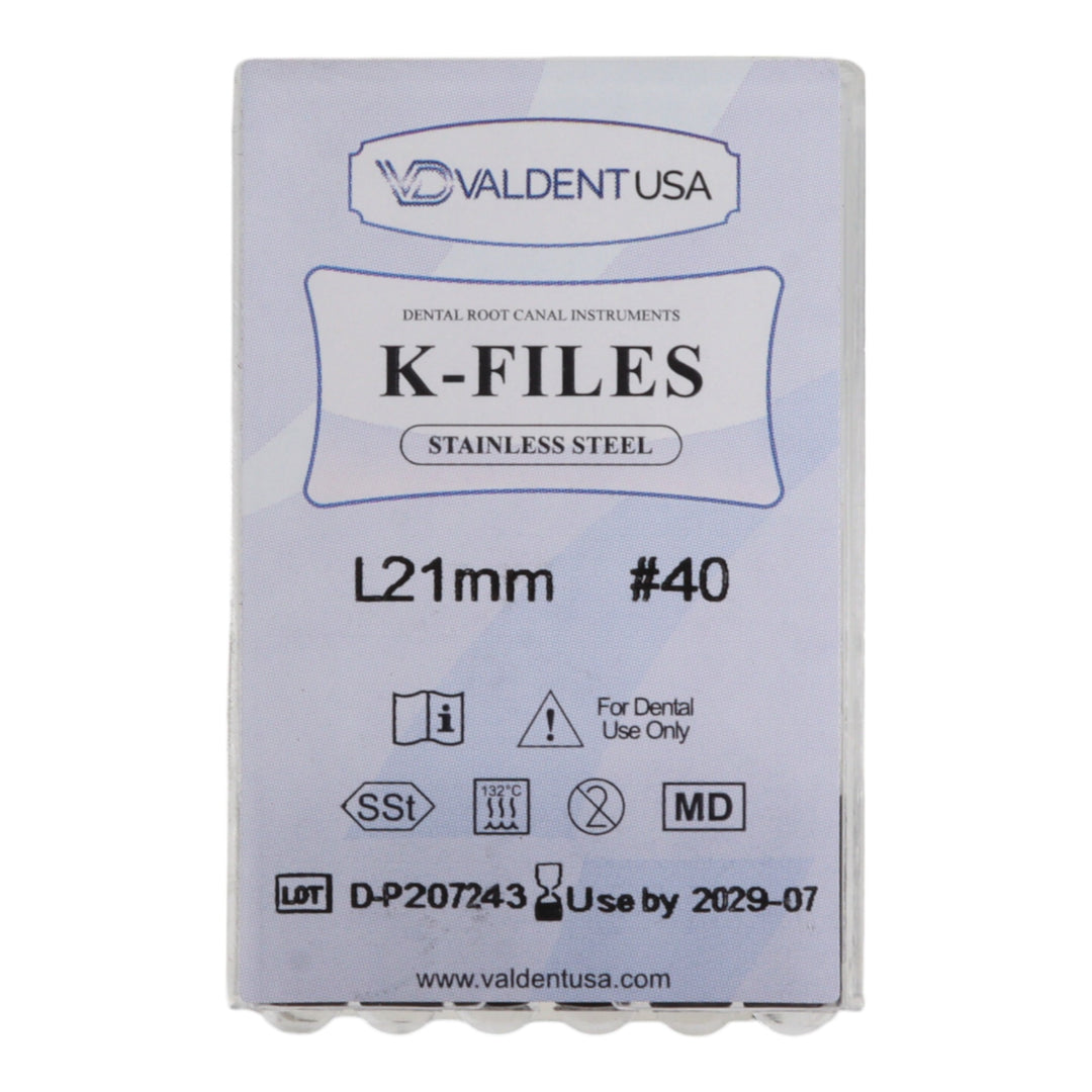 ValdentUSA #40, 21 mm Stainless Steel ISO Standard K-File, 6/Pk