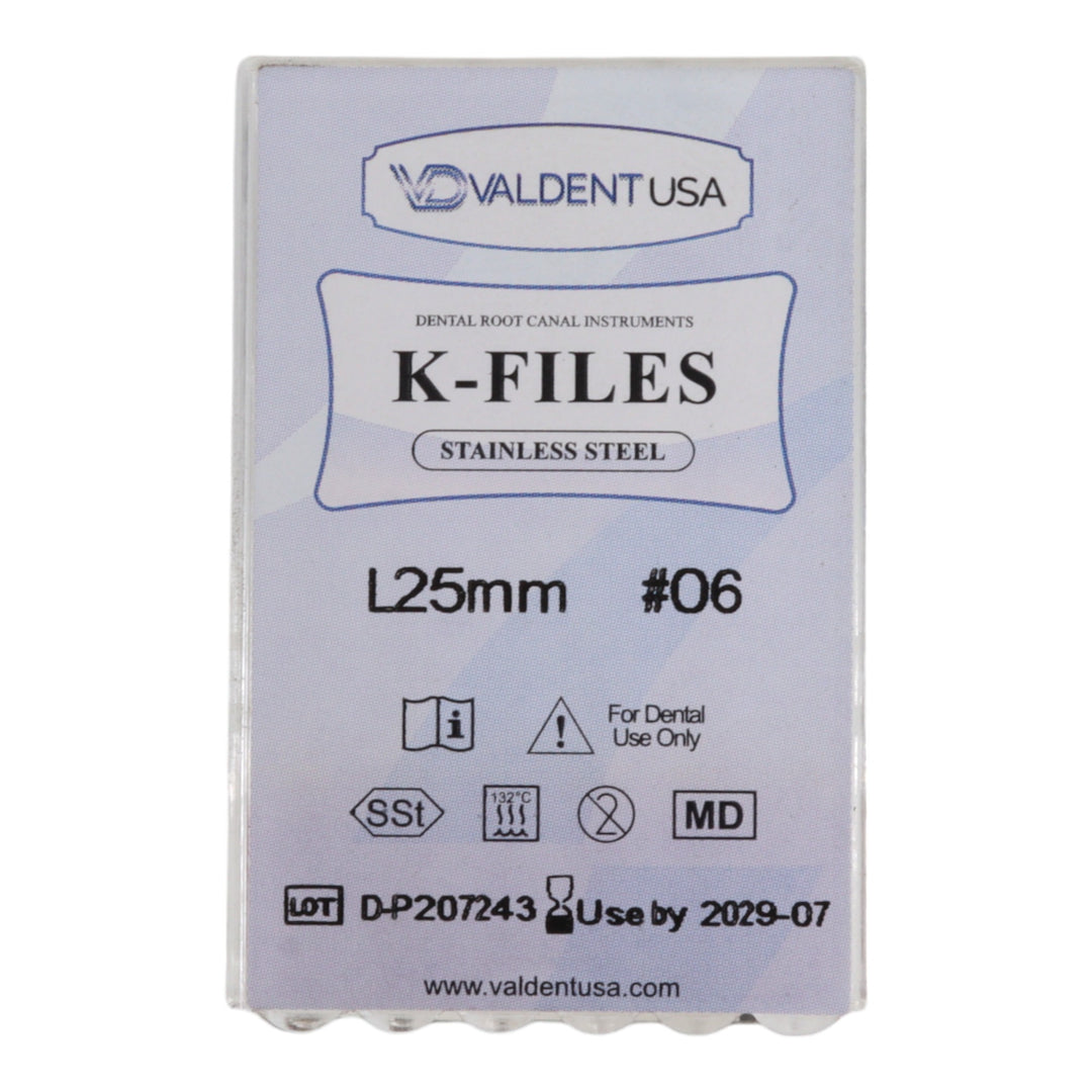 ValdentUSA #06, 25 mm Stainless Steel ISO Standard K-File, 6/Pk