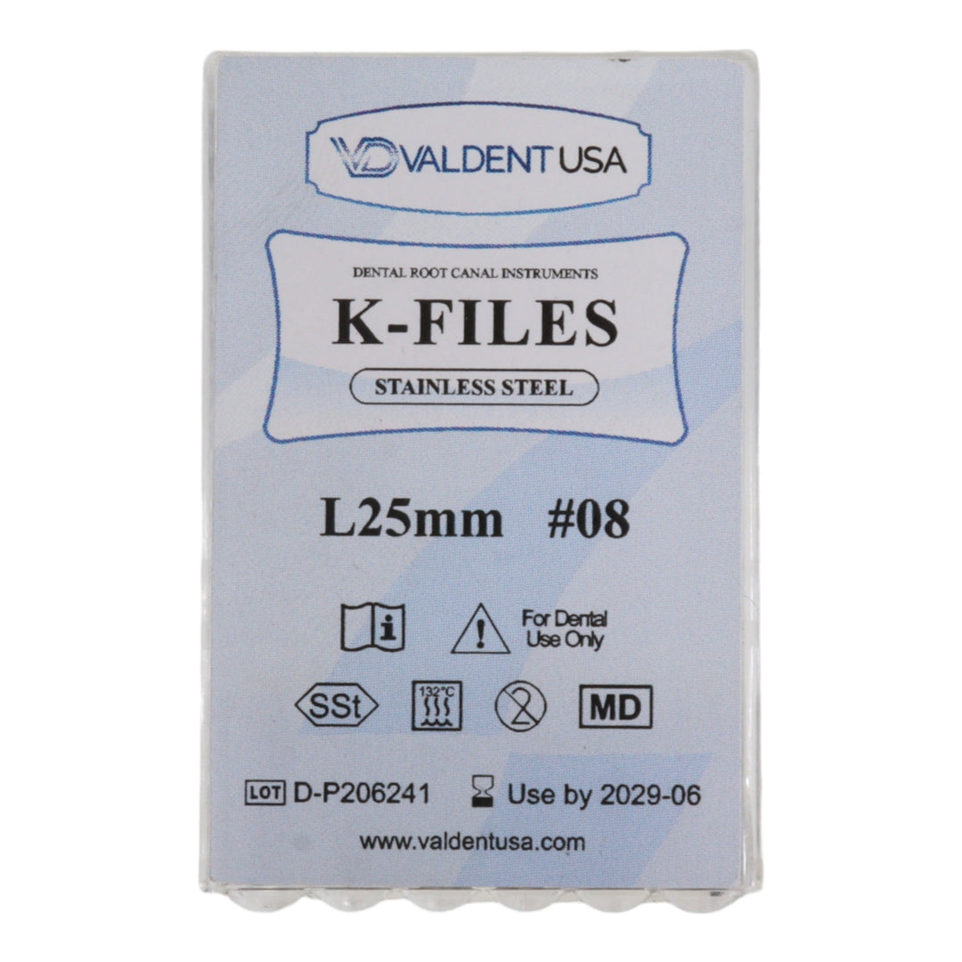 ValdentUSA #08, 25 mm Stainless Steel ISO Standard K-File, 6/Pk