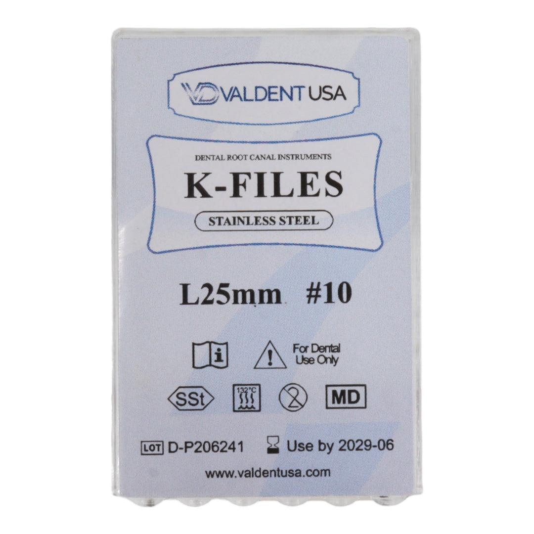 ValdentUSA #10, 25 mm Stainless Steel ISO Standard K-File, 6/Pk