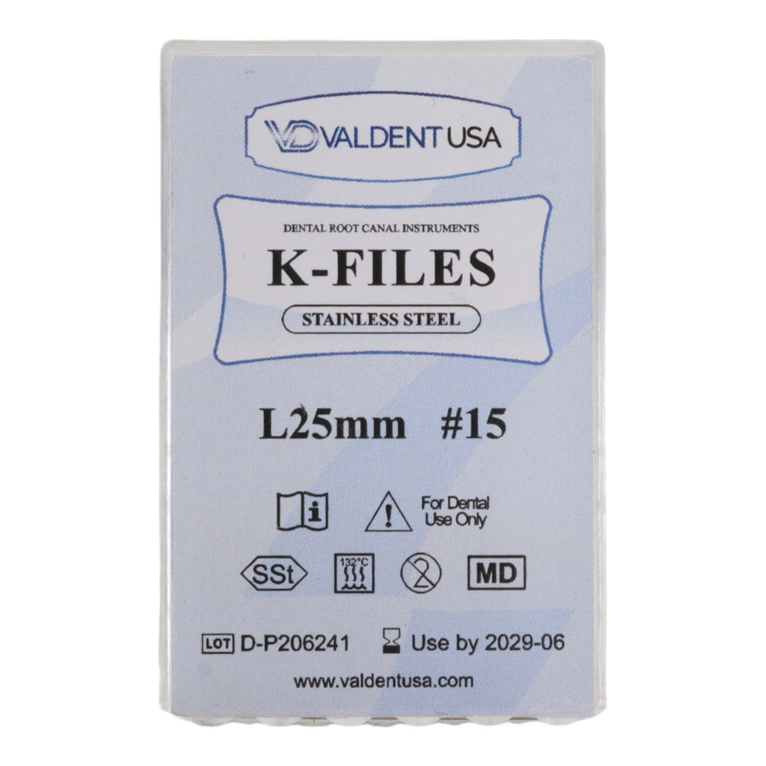 ValdentUSA #15, 25 mm Stainless Steel ISO Standard K-File, 6/Pk