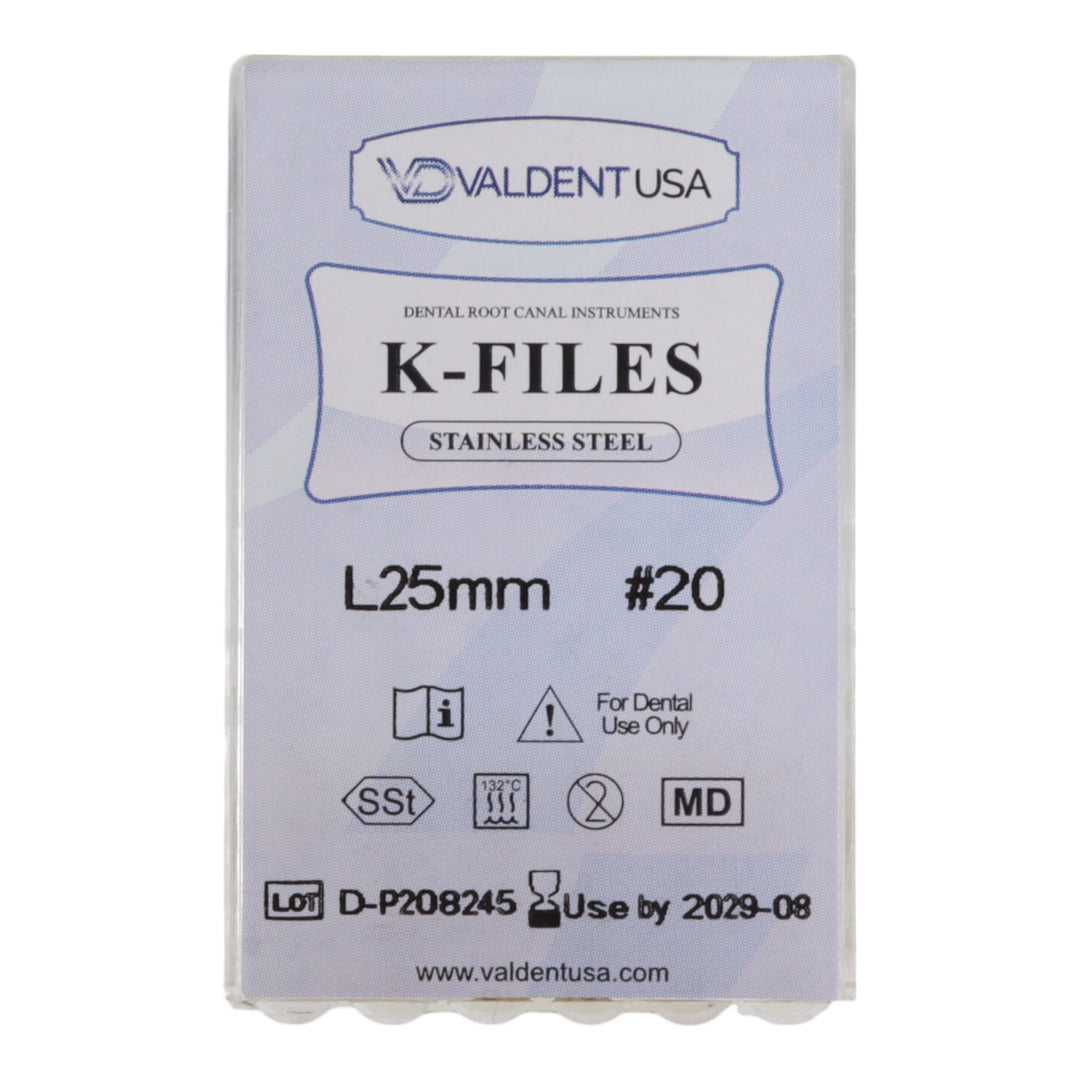 ValdentUSA #20, 25 mm Stainless Steel ISO Standard K-File, 6/Pk