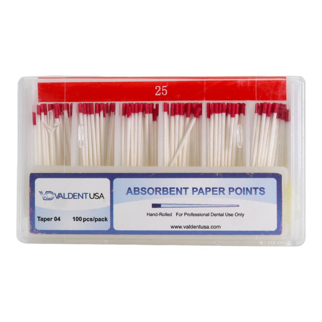 ValdentUSA Absorbent Paper Points - #25, Taper size 0.04, 100/Box. Red, Color Coded