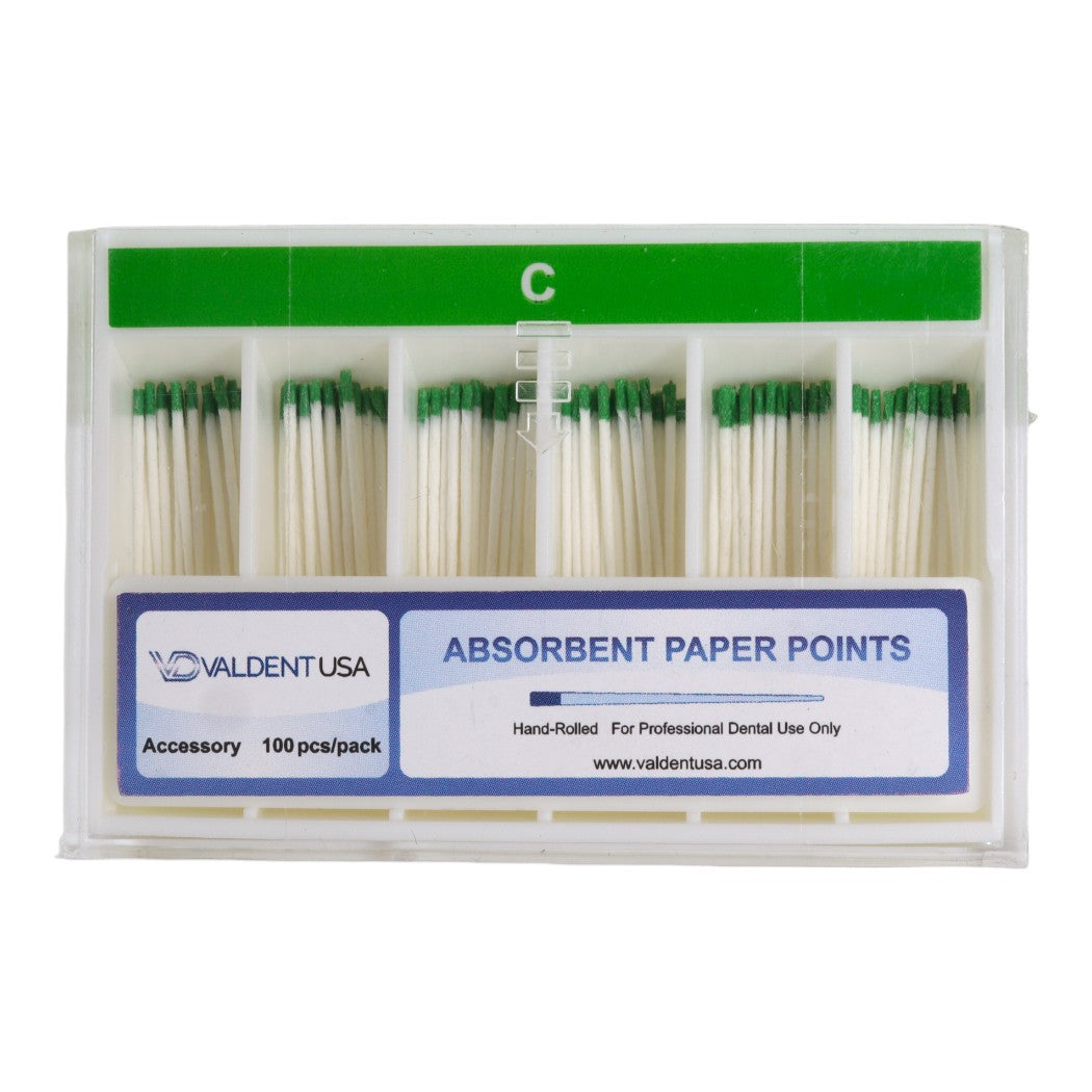 ValdentUSA Coarse Absorbent Paper Points, Green, Color Coded, 100 Per Box